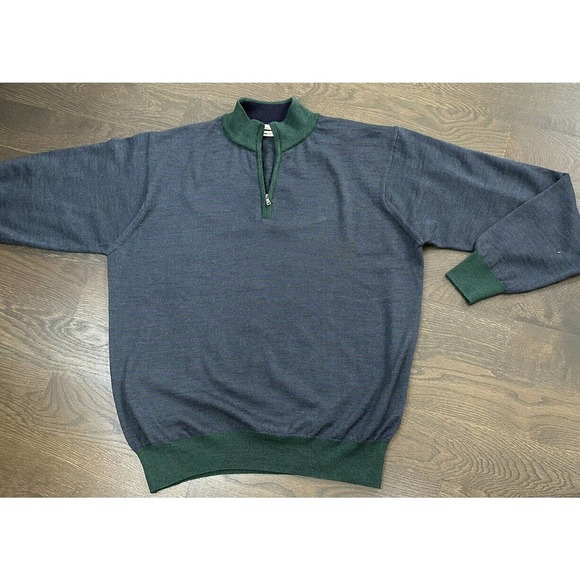 Peter Millar SWEATER Merino Wool Striped Quarter Zip Green‎ Navy L Made in Italy - Picture 1 of 4